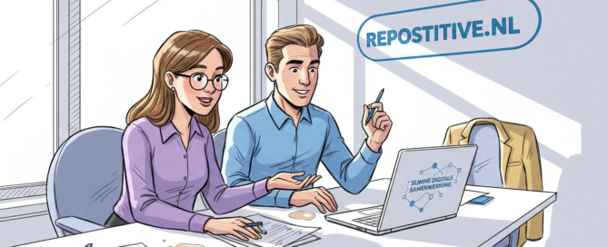 Twee collega’s zitten aan de vergadertafel en nemen samen documenten door.