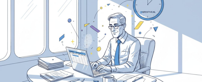 De B2B-directeur zit in zijn hoekbureau en bekijkt aandachtig de cijfers in een spreadsheet.