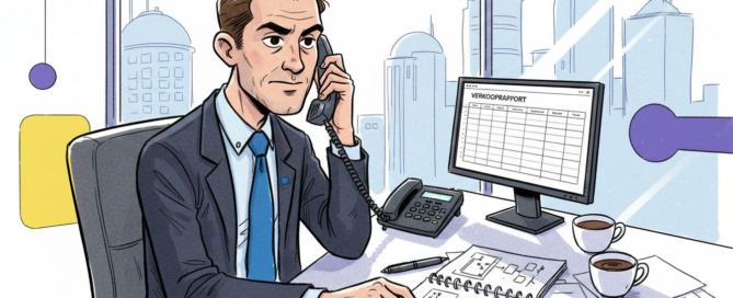 In een realistische kantooromgeving belt een accountmanager potentiële klanten om nieuwe zakelijke kansen te bespreken.