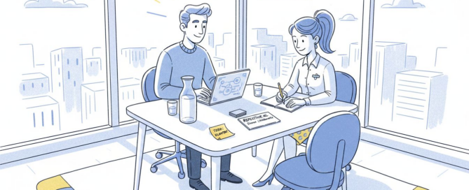 Twee B2B-marketeers zitten samen aan tafel om ideeën uit te wisselen.