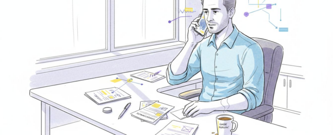 Man pleegt zakelijk opvolggesprek aan zijn bureau