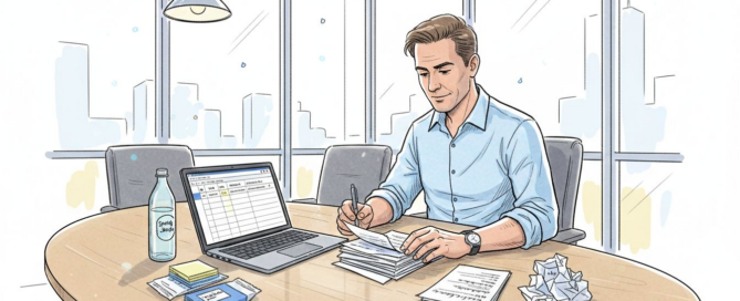 Een salesmedewerker zit aan een ruime vergadertafel en neemt de leadlijsten zorgvuldig door.