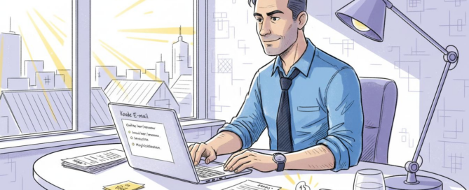 Een salesmedewerker zit op kantoor en stuurt een koude acquisitie-mail naar een potentiële klant.