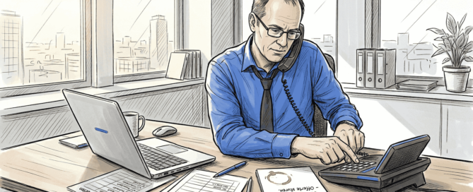 Een salesmanager pakt de telefoon om potentiële klanten koud te benaderen vanaf kantoor.