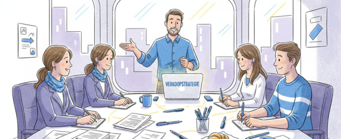 Het B2B-sales team zit samen in een druk kantoor voor een overleg, iedereen is volop bezig met het bespreken van nieuwe kansen en strategieën.