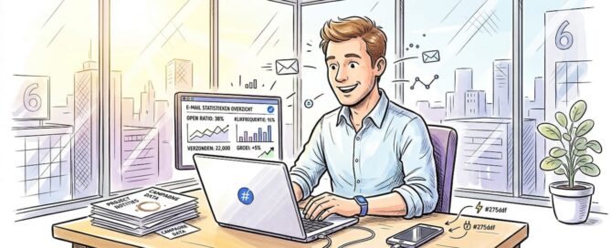 Een man analyseert zijn e-mailstatistieken op kantoor.