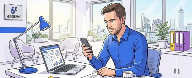 Een salesprofessional kijkt op zijn telefoon om het juiste moment te bepalen voor contact met potentiële klanten.