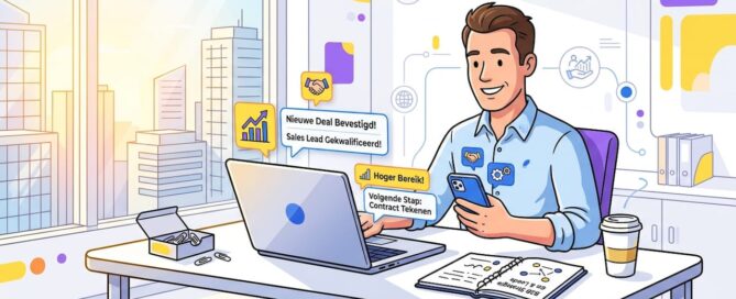 Een B2B-accountmanager speurt achter zijn bureau naar koop- en interessesignalen van potentiële klanten.