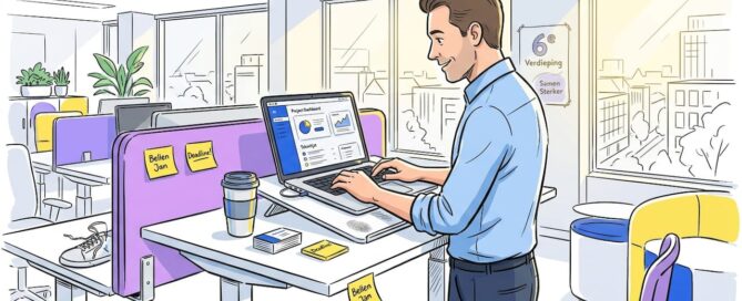 Een ondernemer die op kantoor slimme automatiseringstools inzet om zijn werk efficiënter te maken.