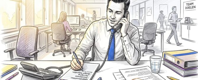 Accountmanager die telefonisch bedrijven benadert om nieuwe samenwerkingen aan te gaan.