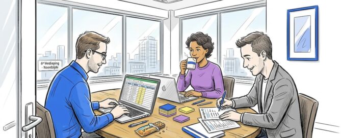 Een B2B-verkoopteam zit samen aan een volle tafel, omringd door laptops, notitieblokken en koffiekopjes, druk in overleg over nieuwe strategieën.
