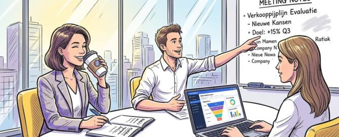 Het salesteam bespreekt samen op kantoor de voortgang van de B2B-salespipeline.