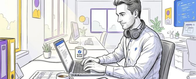 Een man zit aan een rommelig bureau terwijl hij een persoonlijk bericht typt voor zijn e-mailcampagne.