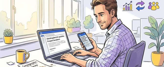 Manager bezig met het opstellen van LinkedIn-berichten en e-mails om nieuwe contacten te leggen.