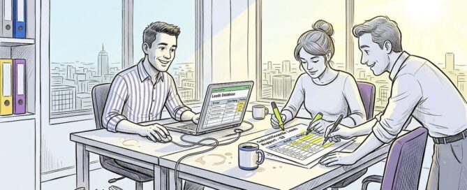 Het verkoopteam werkt samen in een lichte hoek van het kantoor, waar de zon binnenvalt en ideeën vrij uitgewisseld worden.