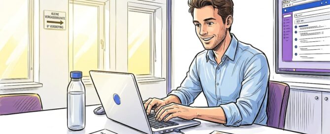 Man werkt zijn e-mails bij in een kleine vergaderruimte