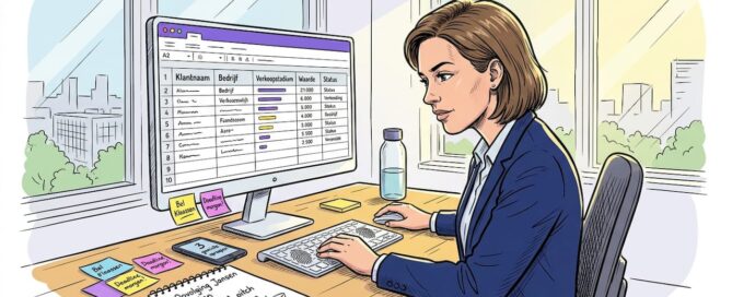 Een salesmanager bekijkt de klantgegevens in het CRM-systeem op kantoor.