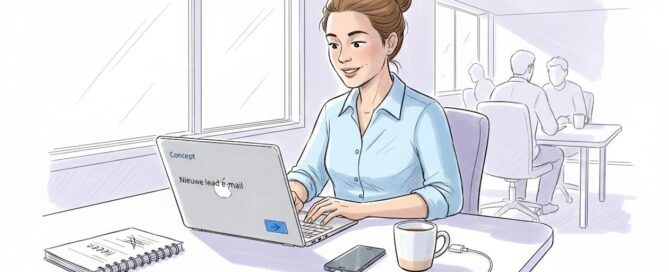 Vrouw reageert op een leadmail terwijl ze aan haar rommelige bureau zit