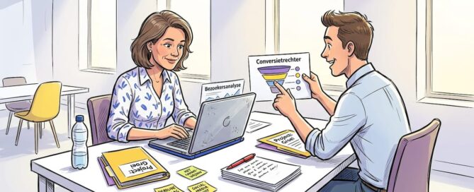 Een team dat samen aan het bureau de B2B-leadfunnel onder de loep neemt.