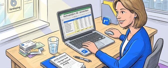 Een salesmanager is aan het acquireren bij een bureau op kantoor.