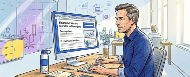 Kantoormedewerker verdiept zich in een nieuwsartikel dat inspeelt op de actualiteit.
