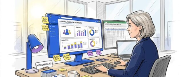 Een marketingmanager die de klantgegevens in het CRM-systeem analyseert.