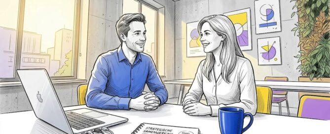 Twee mensen voeren een informeel zakelijk gesprek aan een kantoortafel.