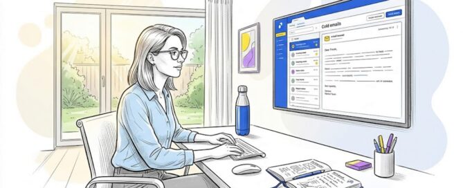 Een kantoormedewerker die achter zijn bureau de zoveelste koude e-mail doorneemt.