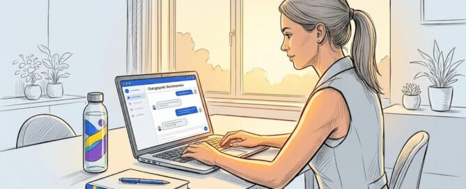 Een kantoormedewerker is bezig met het ontwikkelen van een chatbot op zijn laptop.