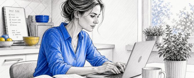 Zakelijke vrouw bezig met het versturen van een e-mail achter haar bureau.