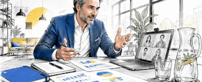 Salesdirecteur voert online overleg achter zijn bureau
