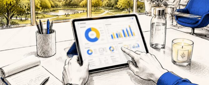 Een paar handen bedienen een tablet waarop overzichtelijke verkoopcijfers en dashboards te zien zijn.