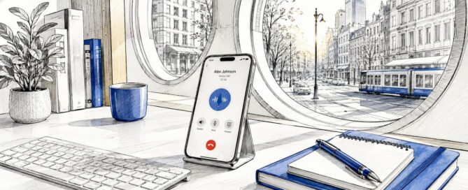 Een modern bureau in cartoonstijl, compleet met apparaten voor spraakgestuurde communicatie.