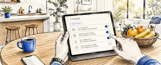 Met hun handen tikken mensen op een tablet om hun e-mail te beheren.