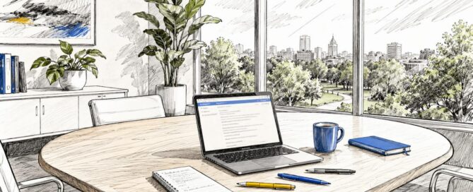 Een eigentijds kantoor met een laptop en vrolijk gekleurde bureauspullen