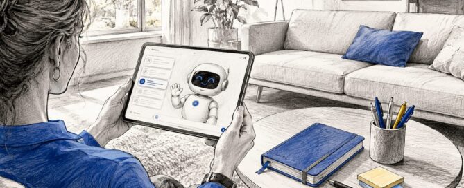 Tablet met slimme assistent en diverse kantoorbenodigdheden