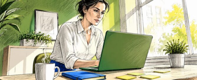 Zakenvrouw aan het werk achter haar bureau met een laptop en tablet binnen handbereik.