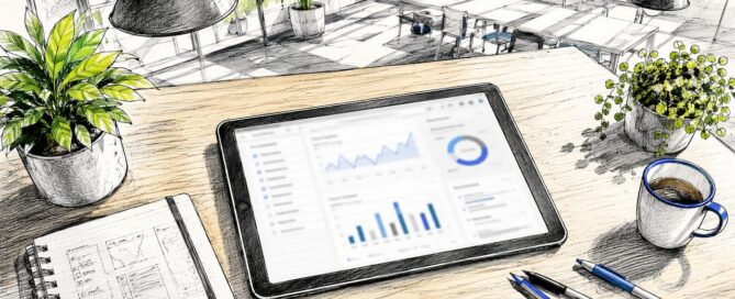 Op een wit bureau ligt een tablet open met een verkoopdashboard in beeld.