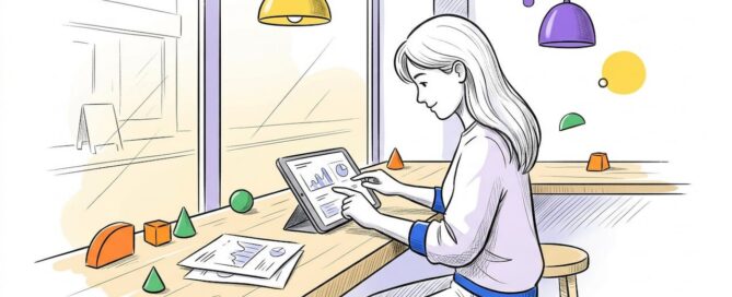 Een tablet en stapel papieren liggen op het bureau, met digitale gegevens zichtbaar op het scherm.