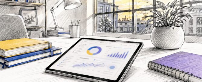 Op het bureau liggen een tablet en een smartphone, klaar voor gebruik met handige verkooptools.
