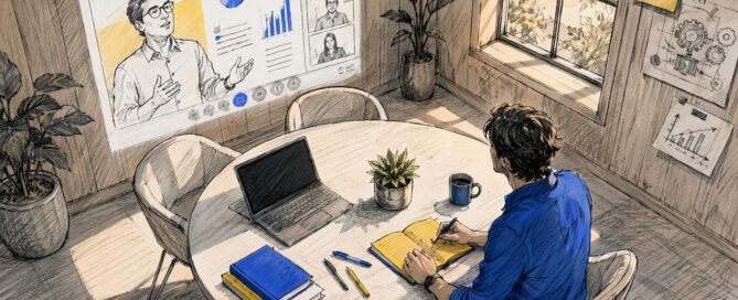 Laptop met CRM-systeem en allerlei kantoorartikelen op het bureau