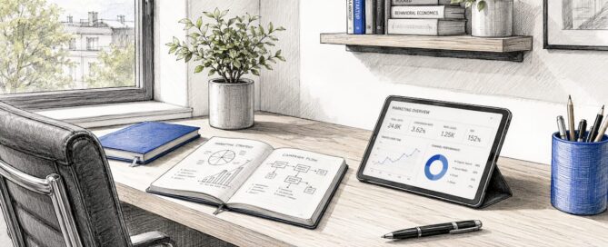 Een moderne, lichte werkplek met een laptop en handige tools voor het versturen van nieuwsbrieven.