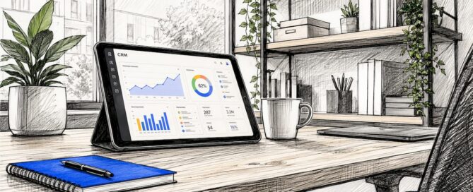 Opgeruimd bureau met een tablet waarop een CRM-dashboard zichtbaar is