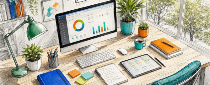Kantoor in cartoonstijl met digitale tools voor het versturen van koude e-mails