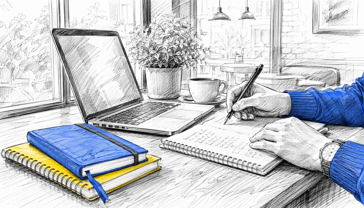 Iemand maakt aantekeningen met de hand terwijl de computer uitstaat