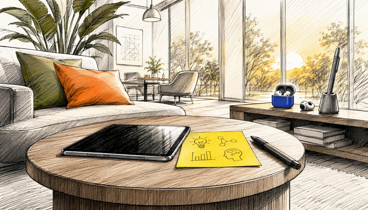 Op de ronde vergadertafel liggen een tablet en verschillende gadgets klaar voor gebruik.