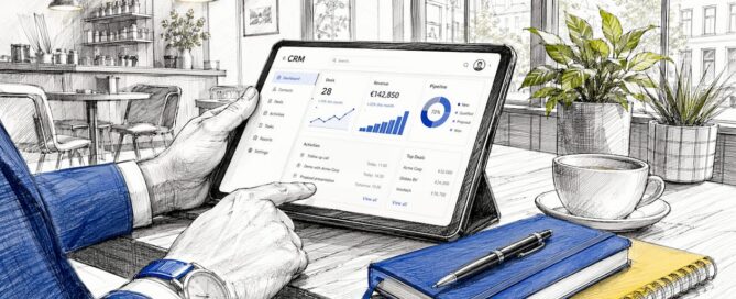 Iemand werkt met CRM-software op een tablet aan het bureau.