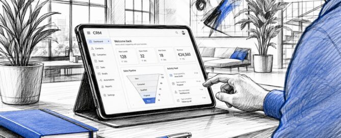 Een tablet in cartoonstijl met daarop een CRM-systeem, geplaatst op een bureau.