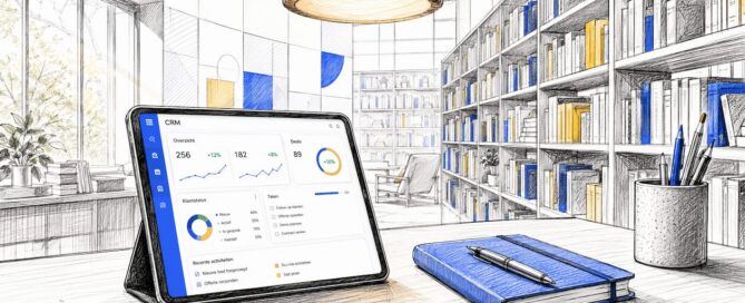 Tablet met een dashboard voor B2B-klantprofielen, inclusief handige accessoires