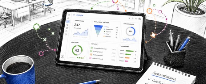 Een lichte, moderne kantooromgeving waar je werkt met een digitaal B2B-dashboard.
